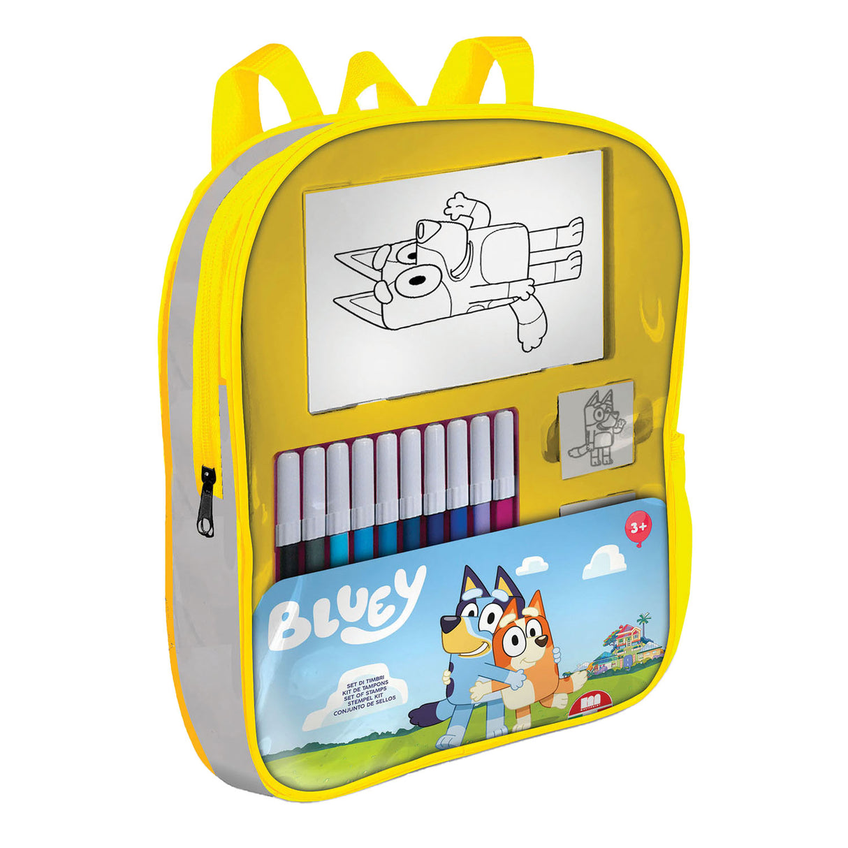 Sac à dos bleu multiprint avec timbres et stylos en feutre