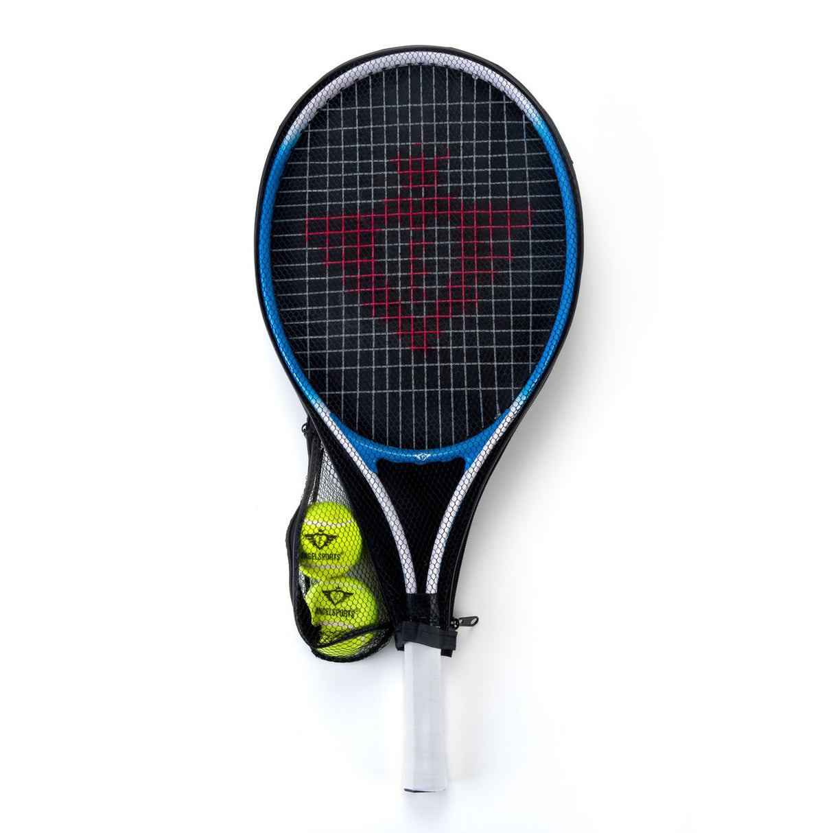 Racket de tennis avec couverture et 2 balles bleues