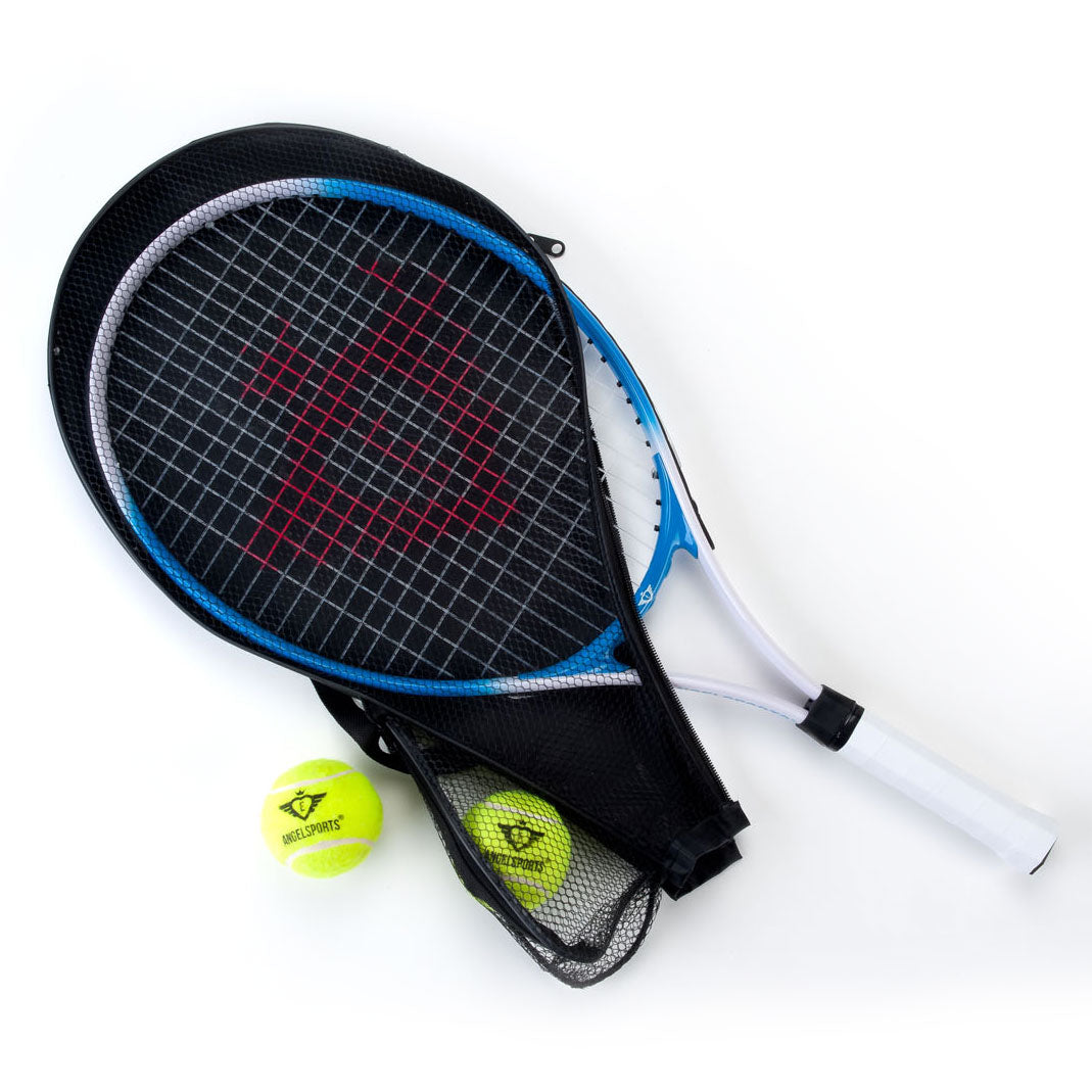 Racket de tennis avec couverture et 2 balles bleues