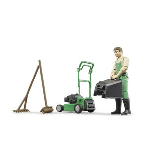 Jardinier de figurines Bruder avec tondeuse à gazon