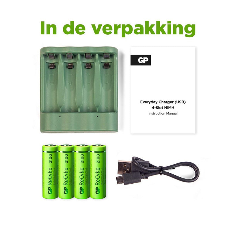 GP USB -batterilader + 4 x AA -batterier 2100mAh Nimh