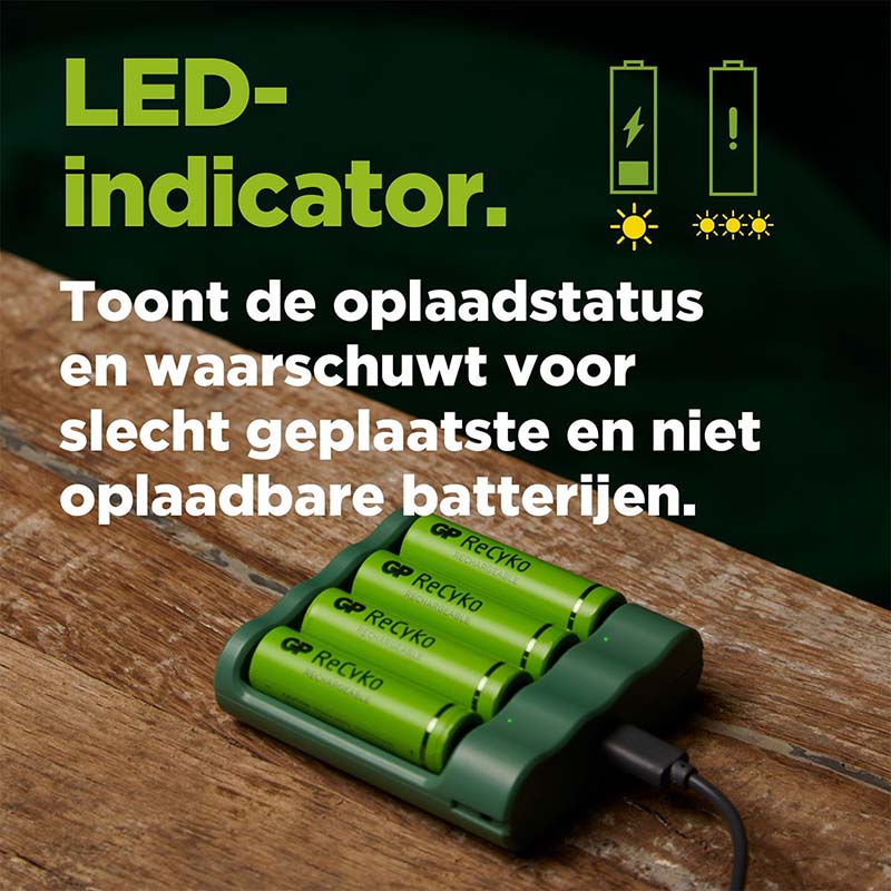 GP USB -batterilader + 4 x AA -batterier 2100mAh Nimh