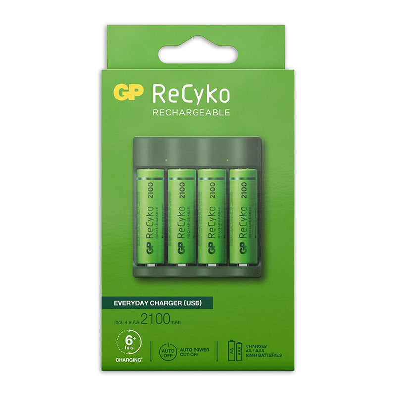 GP USB -batterilader + 4 x AA -batterier 2100mAh Nimh