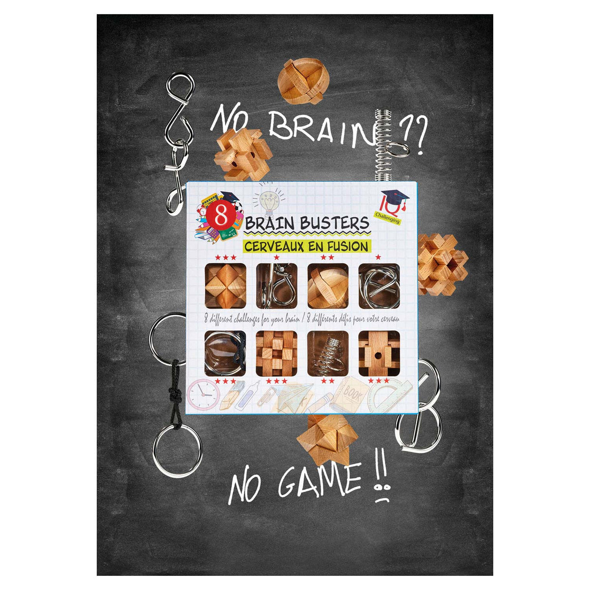 Set di puzzle per il cervello in legno e metallo, 8 pezzi.