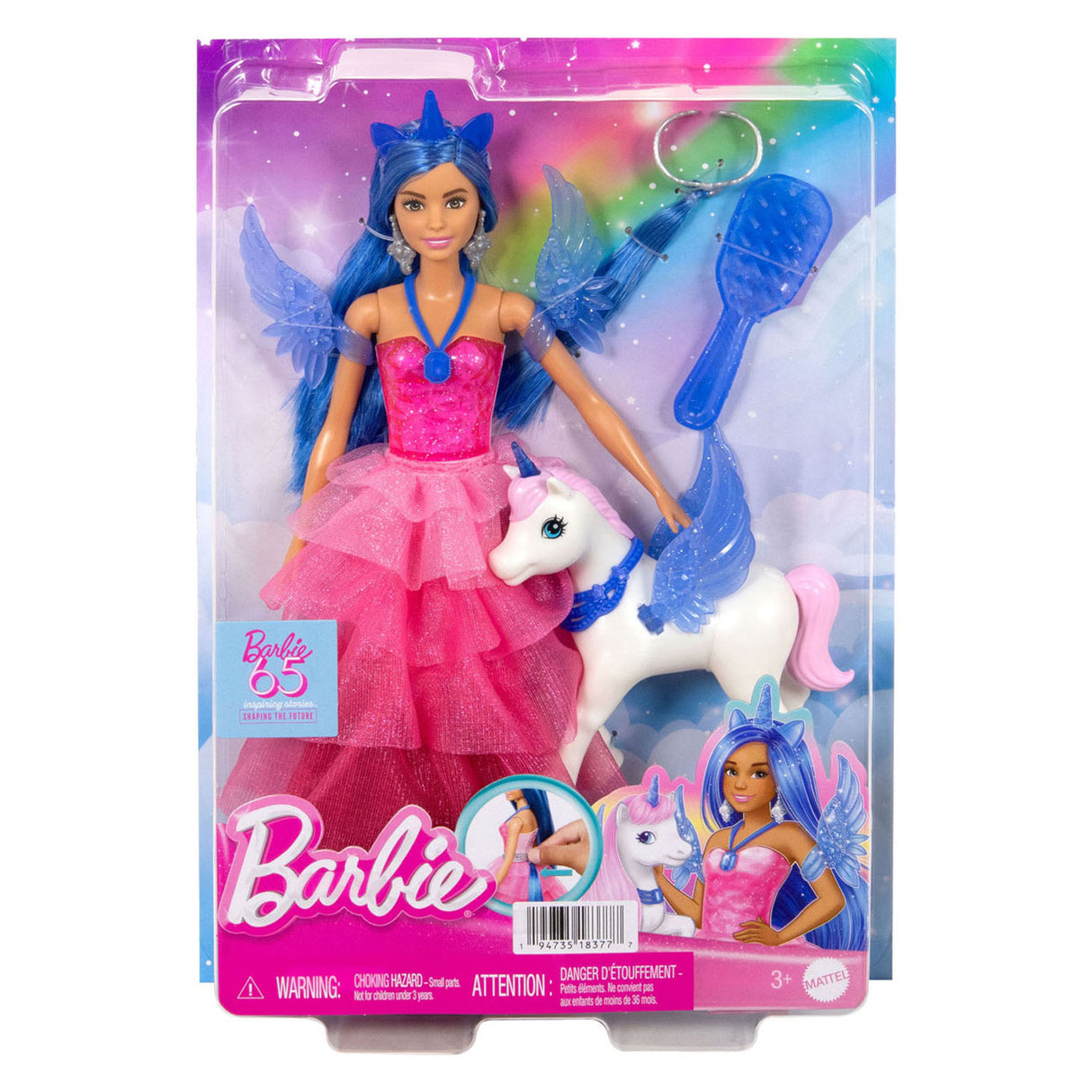 Panenka Mattel Unicorn s modrými vlasy, růžovými šaty a alicorn