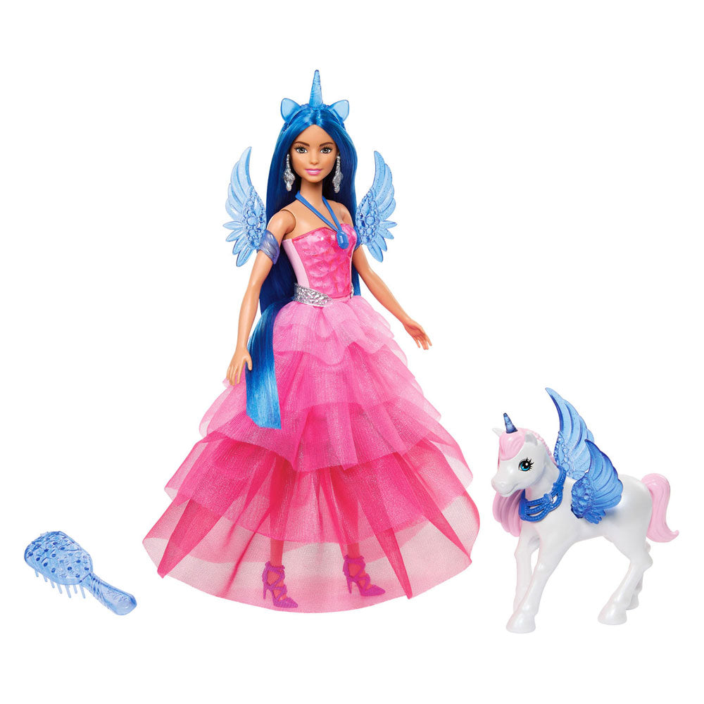 Panenka Mattel Unicorn s modrými vlasy, růžovými šaty a alicorn
