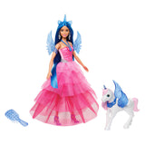 Panenka Mattel Unicorn s modrými vlasy, růžovými šaty a alicorn