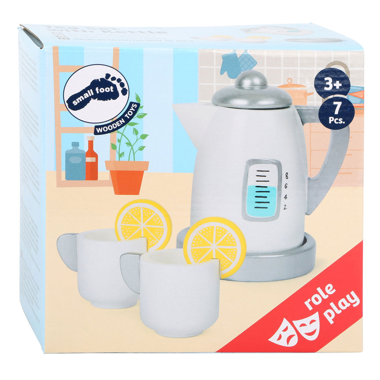 Kleiner Fuß -Holztee -Set mit Wasserkocher, 7dlg.