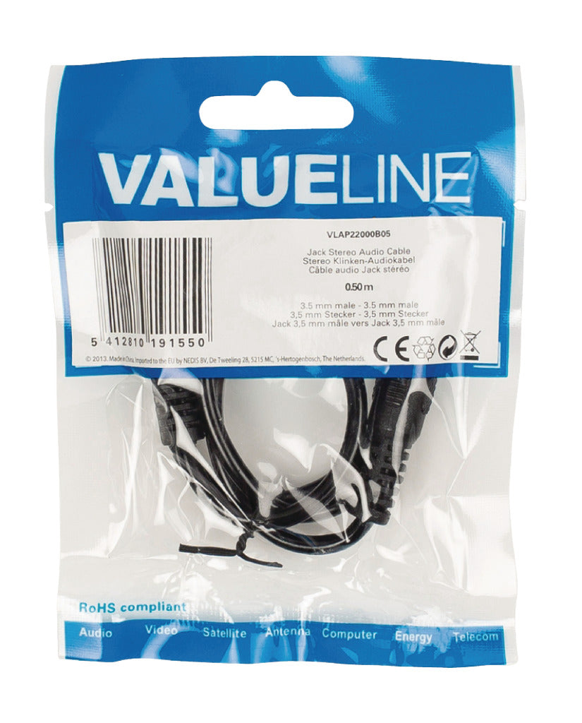 VALUELINE VALUELINE VLAP22000B05 Jack Stereo Audio Cable 3,5 mm moški 3,5 mm moški 0,50 m črna