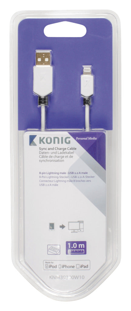 K OUML; NIG KNM39300W10 SYNC OCH LADDA KABEL 8 -PINS Lightning Man - USB 2.0 En hane 1,00 m vit