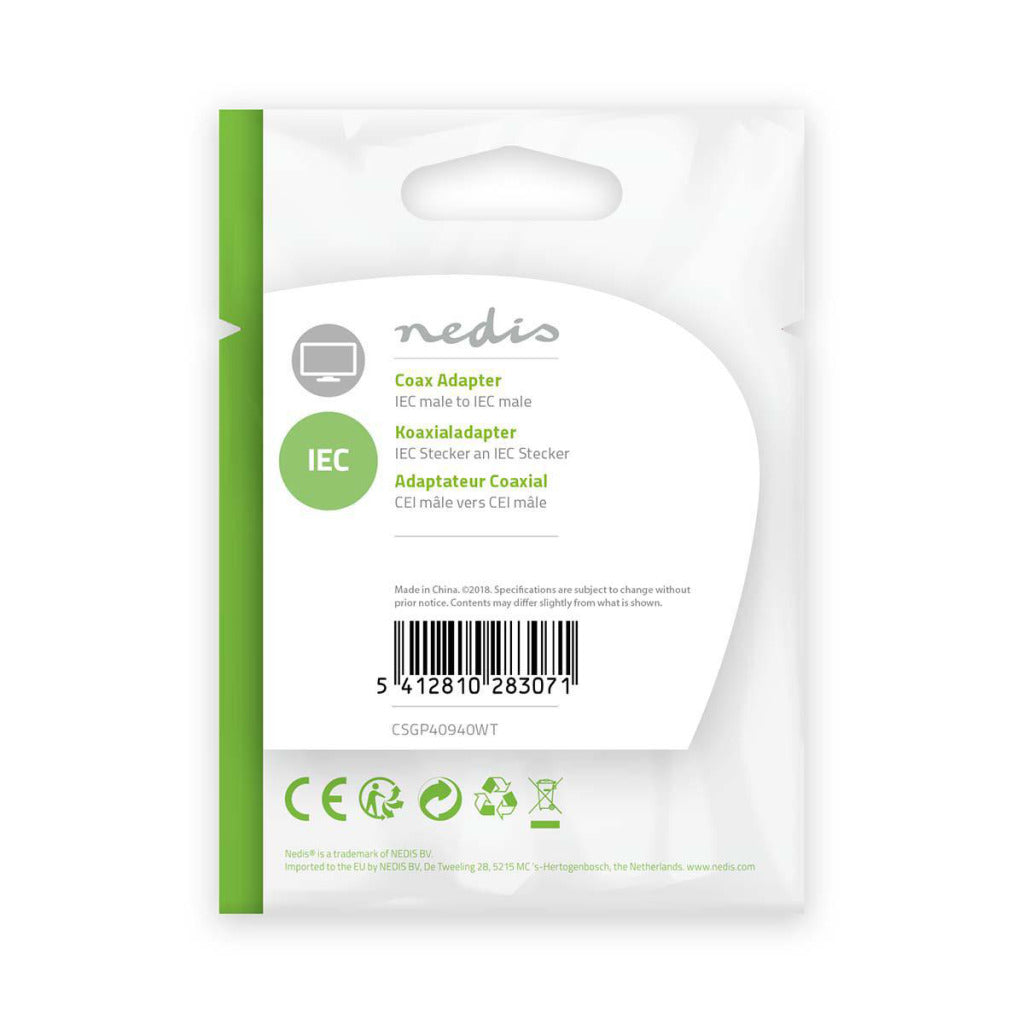 Nedis csgp40940wt coaxadapter iec (coax) male - iec (coax) male wit