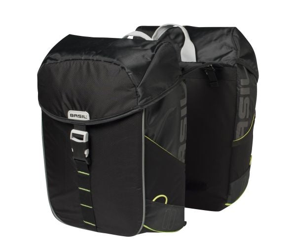 Basil Miles Double Bag - Vandtæt dobbelt cykelpose, Unisex, Sporty, Zwart -Limoen