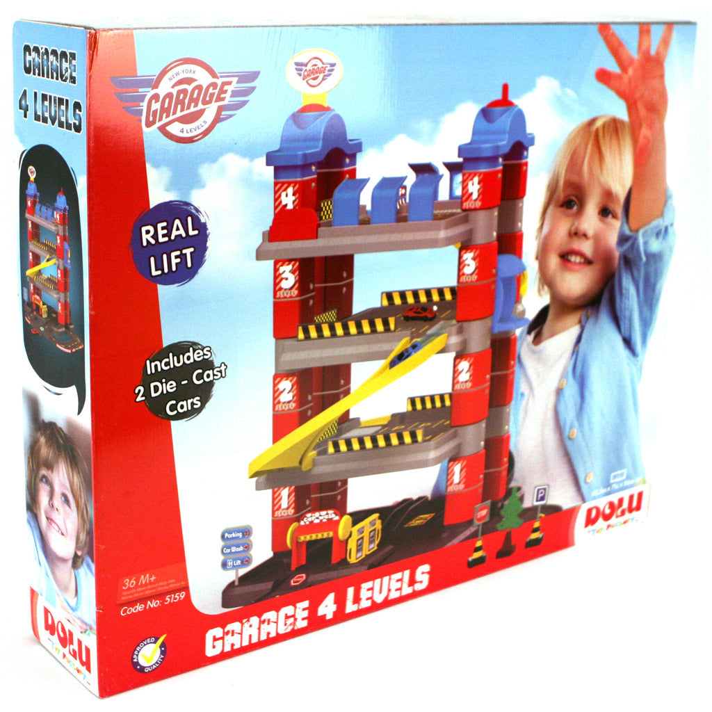 Dolu dolu york garage with 4 floors 2 die-cast car #039; s 2 traffic signs tree