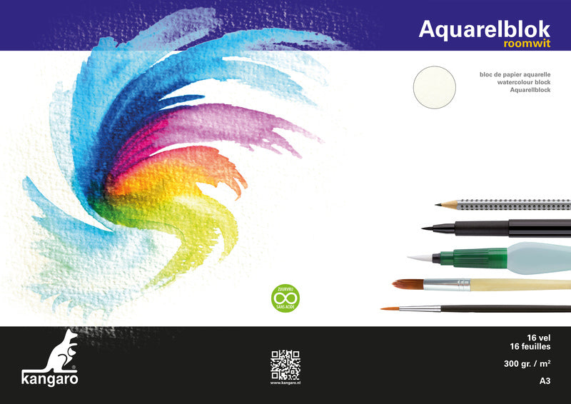 Kangaro K-5303 Block Aquarellpapier A3 300 g 16 Blatt, creme weiße 3 Seiten geklebt