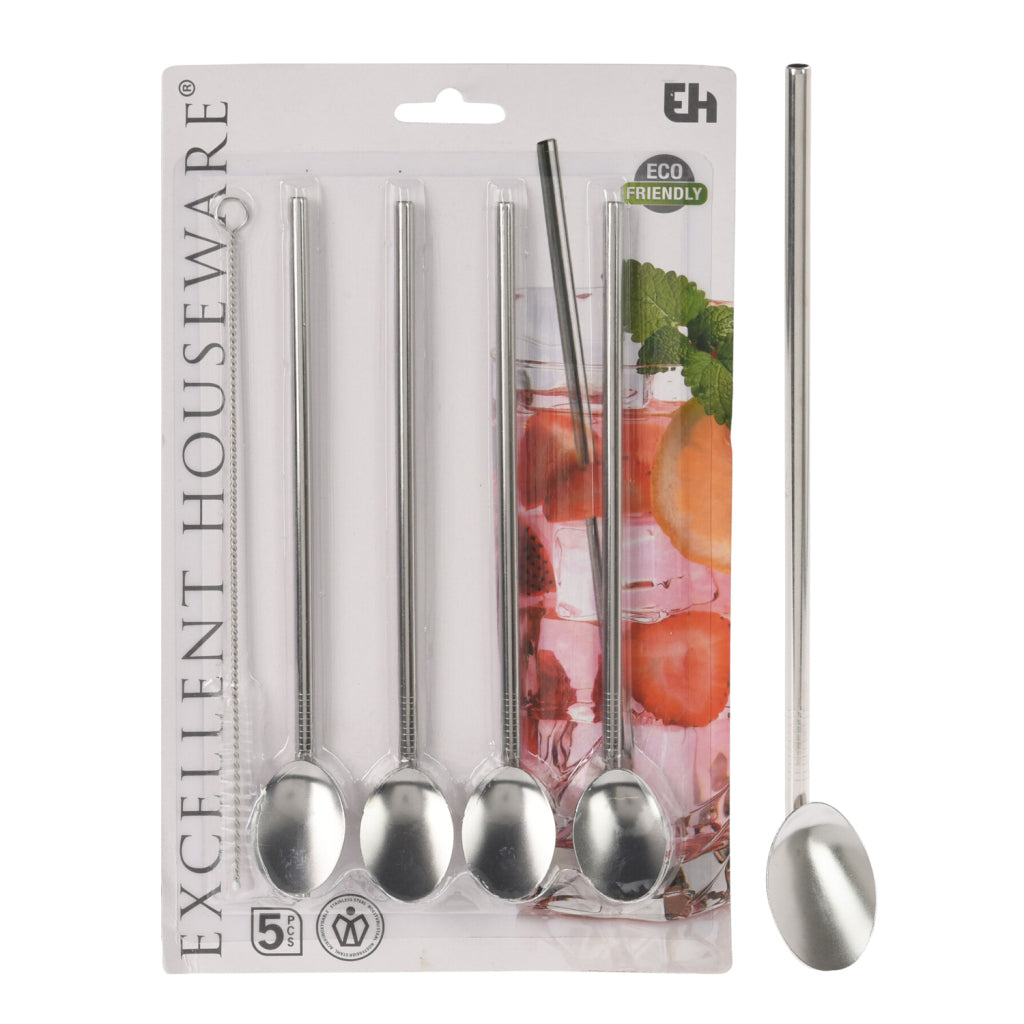 Excelentes pajitas de acero inoxidable de housware con cuchara 4 piezas + cepillo de limpieza