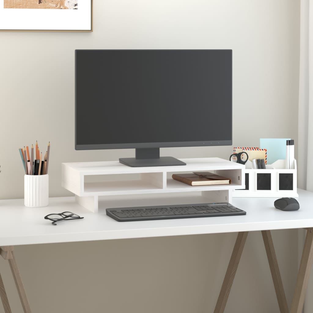 Support de moniteur Vidaxl 60x27x14 cm en pin solide blanc