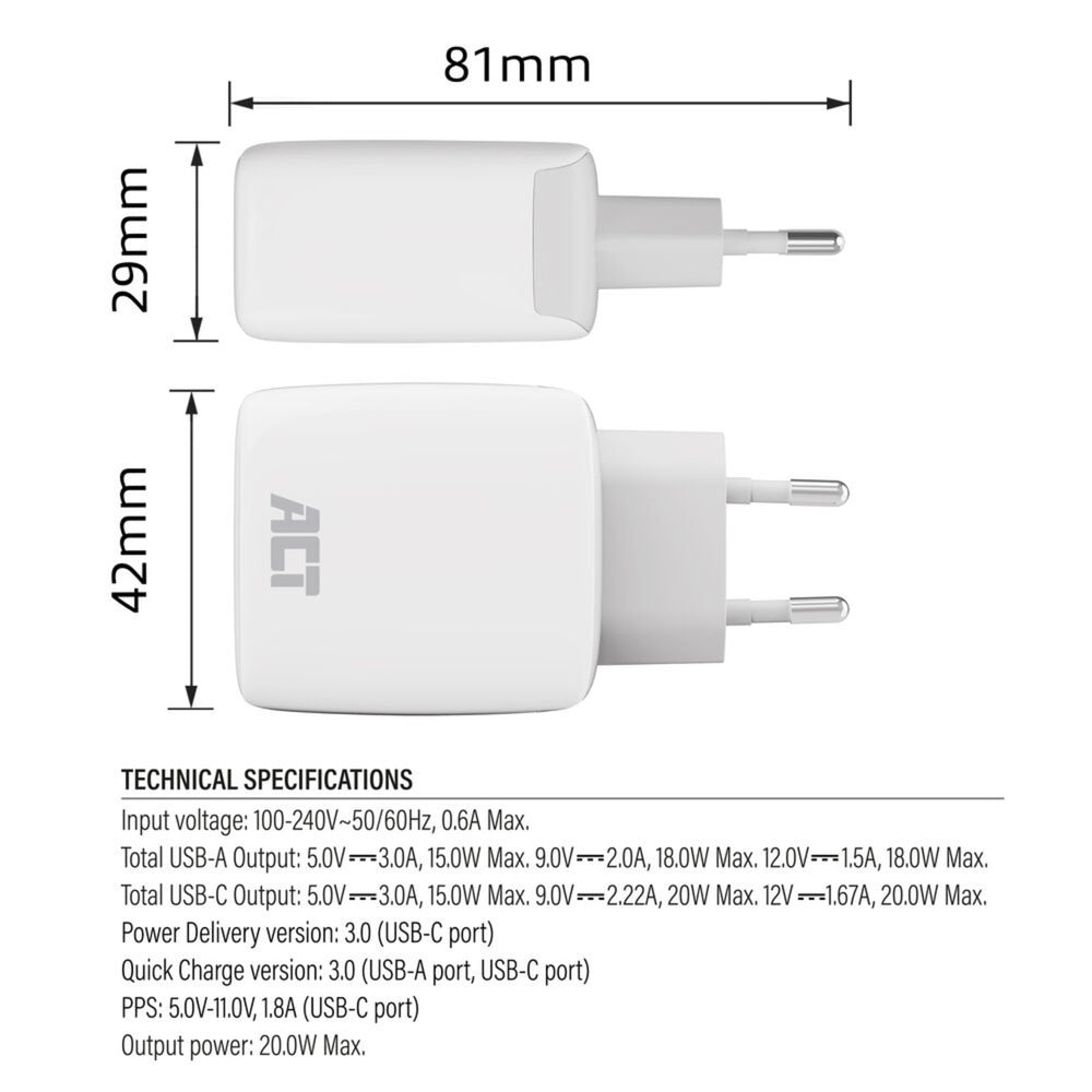 Act Connectivity USB-C USB-A charger 20W with Delivery PPP, quin