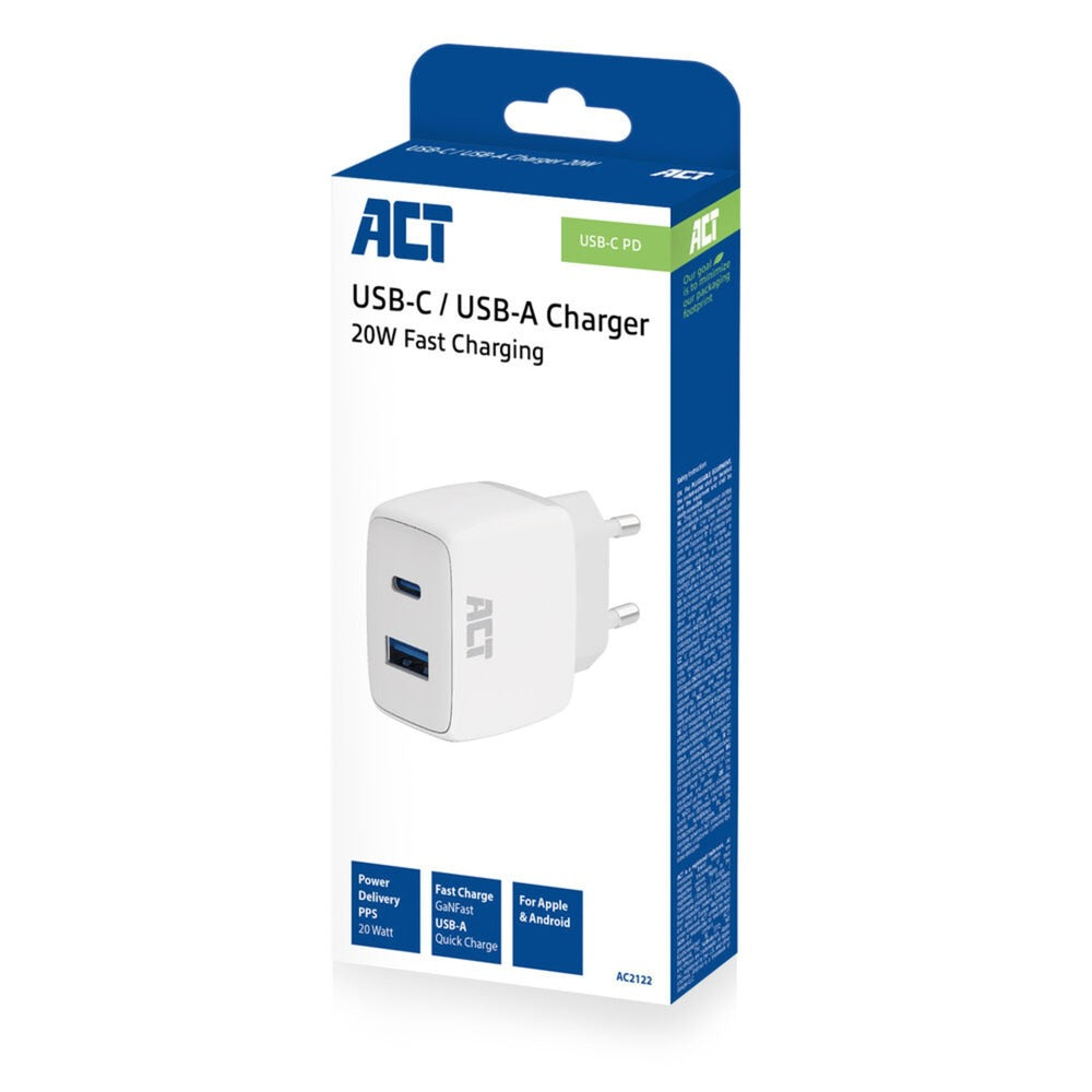 Act Connectivity USB-C USB-A charger 20W with Delivery PPP, quin