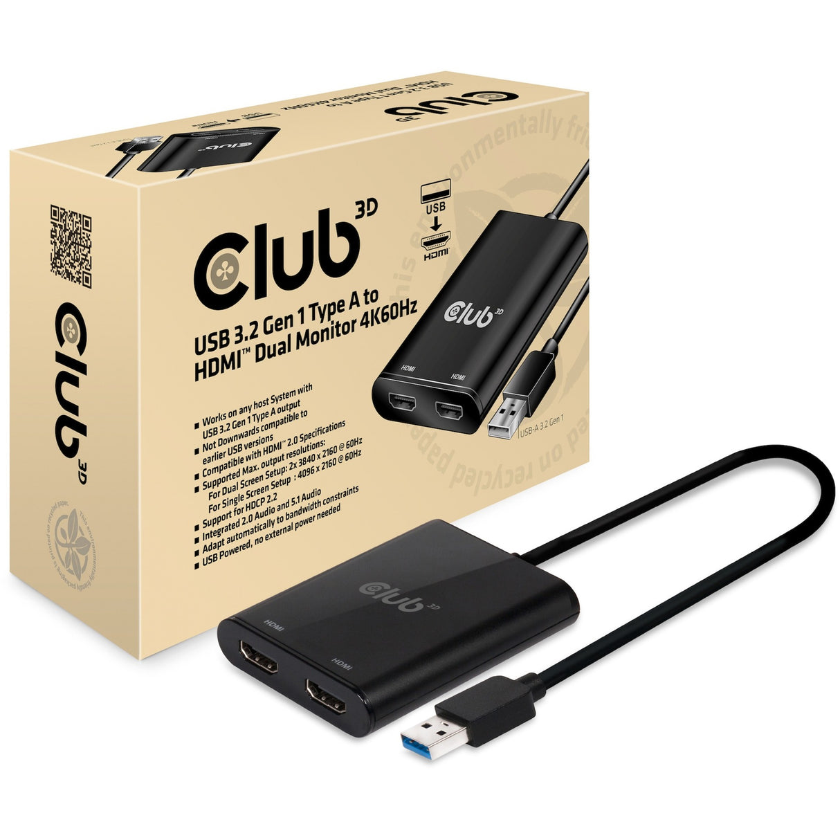Club 3D USB 3.2 Gen1 Typ A bis HDMI Dual Monitor 4K 60Hz