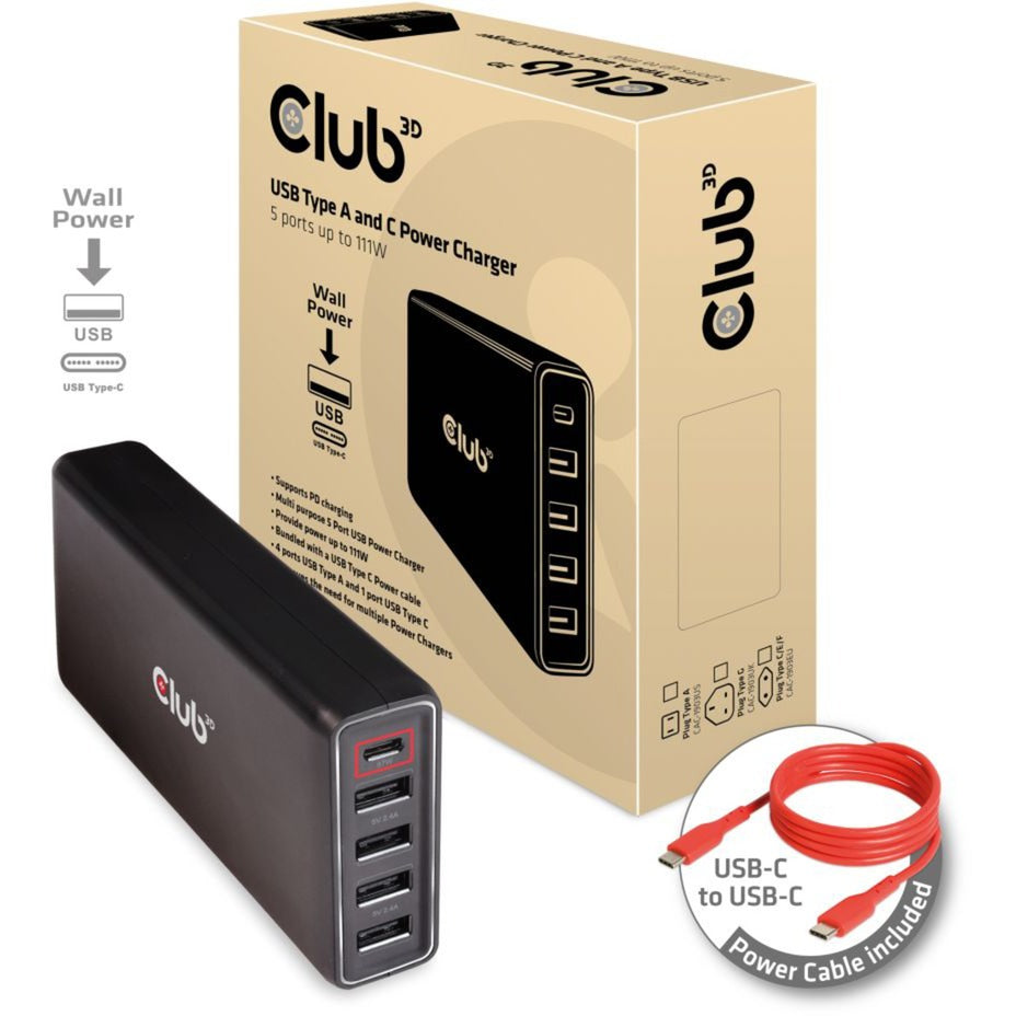 Club 3D USB typu A a C nabíječka, 5 portů do 111W