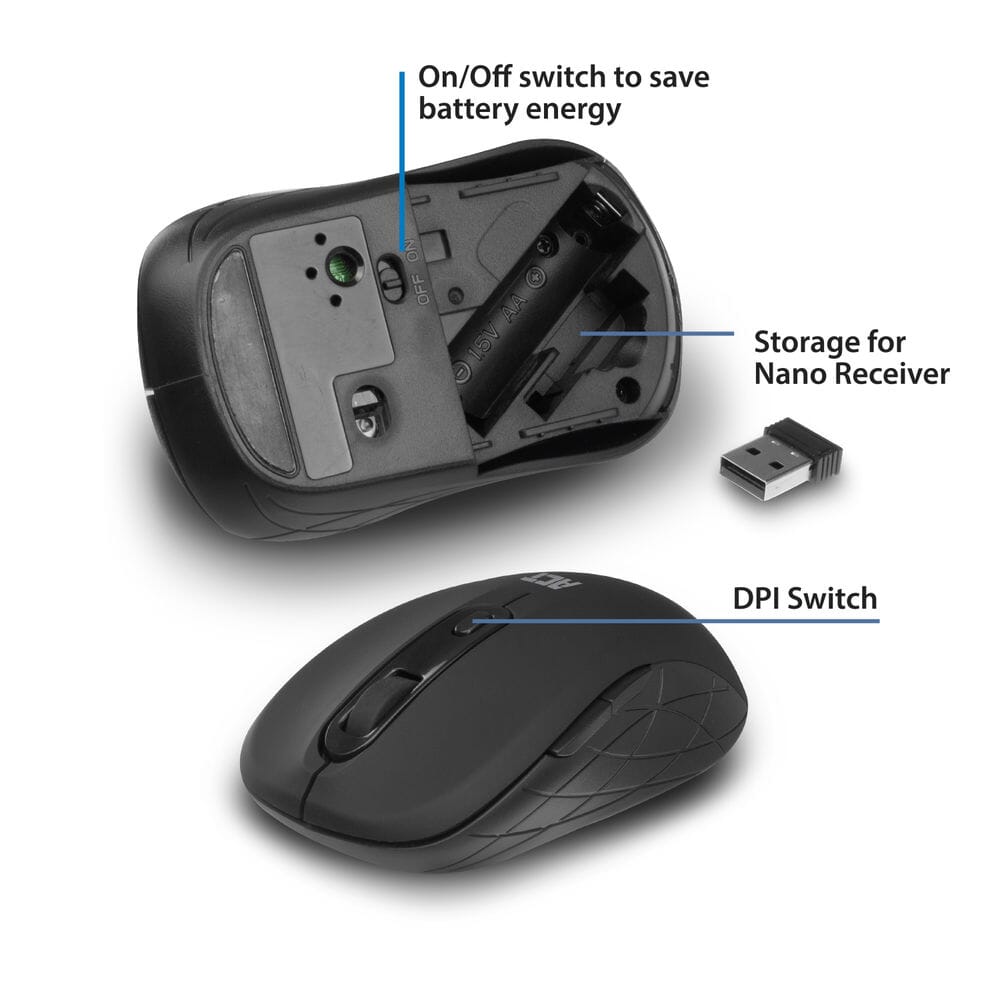 Act Wireless Mouse, USB Nano přijímač, 1600 DPI, černá