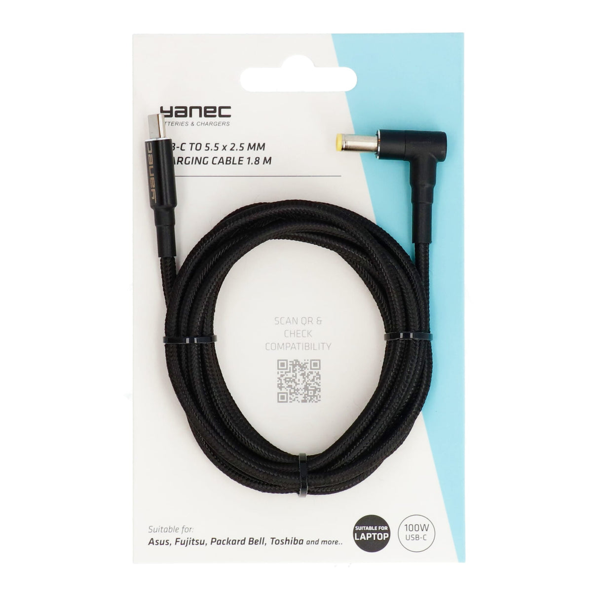 YANEC USB-C till 5,5 x 2,5 mm laddningskabel 1,8 m
