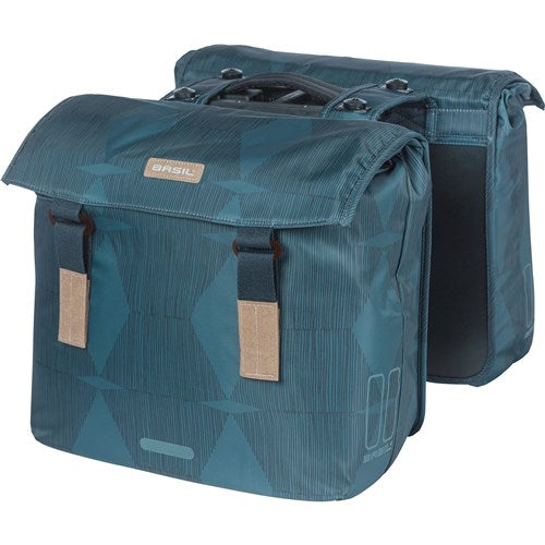 Basil Elegance Double Bicycle Bag - Polyester pour animaux de compagnie recyclée - Clôture de pliage de retenue - Système MIK - Bouchette Bleu