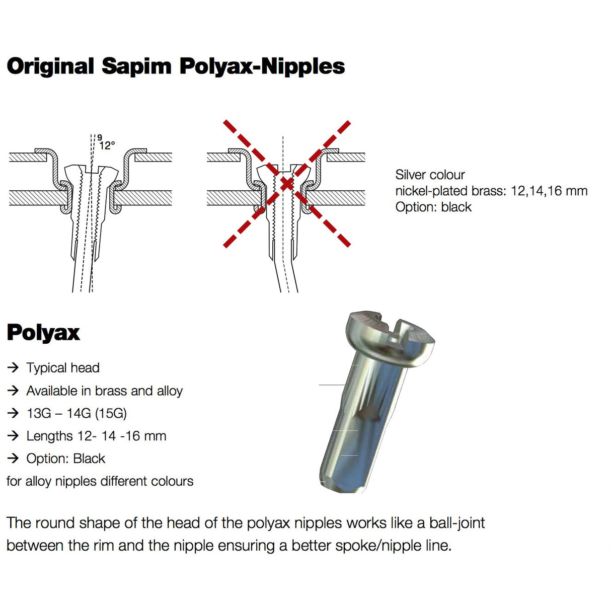 Sapim Spaak Nipple 13 Polyax 14 mm argent en laiton (100e)