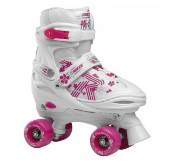 Rotes Quaddy 3.0 Rolle Skates Meedercher wäiss rosa Gréisst 26-29