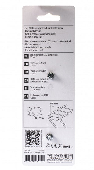 Simson batterij bagagedrager achterlicht coast 1 led on of