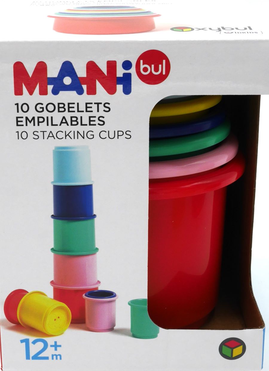 10 Stapelbecher für die kleinen Bauherren in frischen Farben.