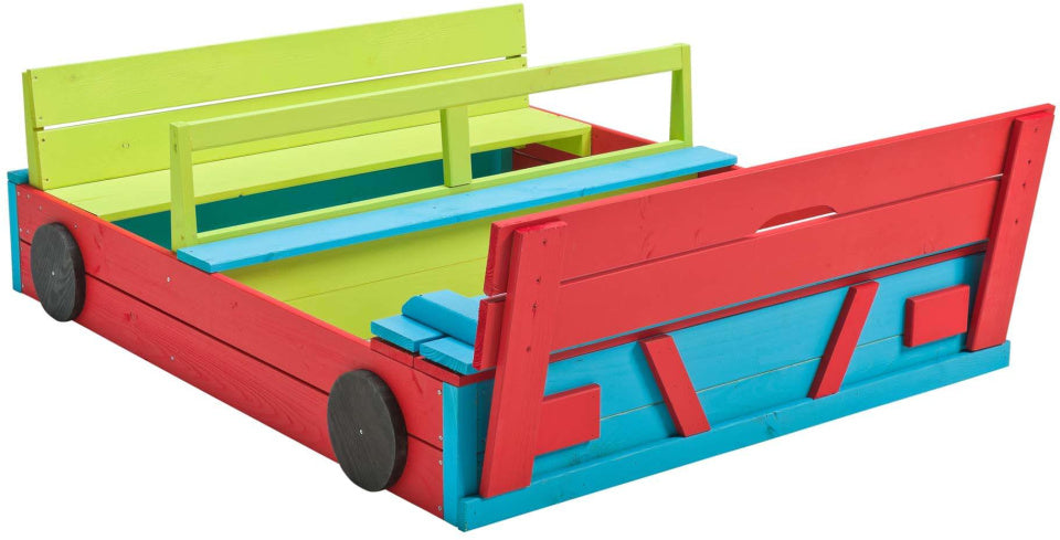 Swinging Sandbox Car 120 x 100 x 20 cm Bois bleu vert rouge