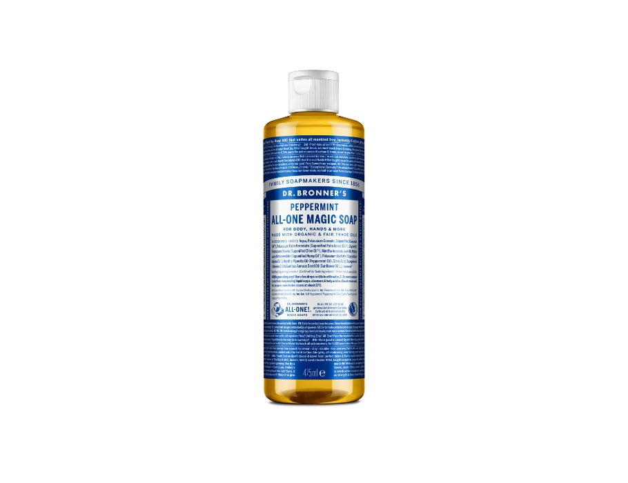En Dr. DG. Bronner's Flëssegkeetsschapper turap pur Castile Peffermint 475 ml
